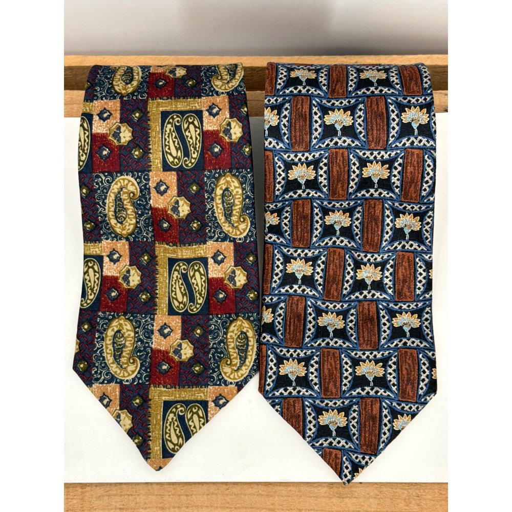 Vintage Ermenegildo Zegna Silk Tie Lot 2 Paisley Geometric Floral Made in Italy